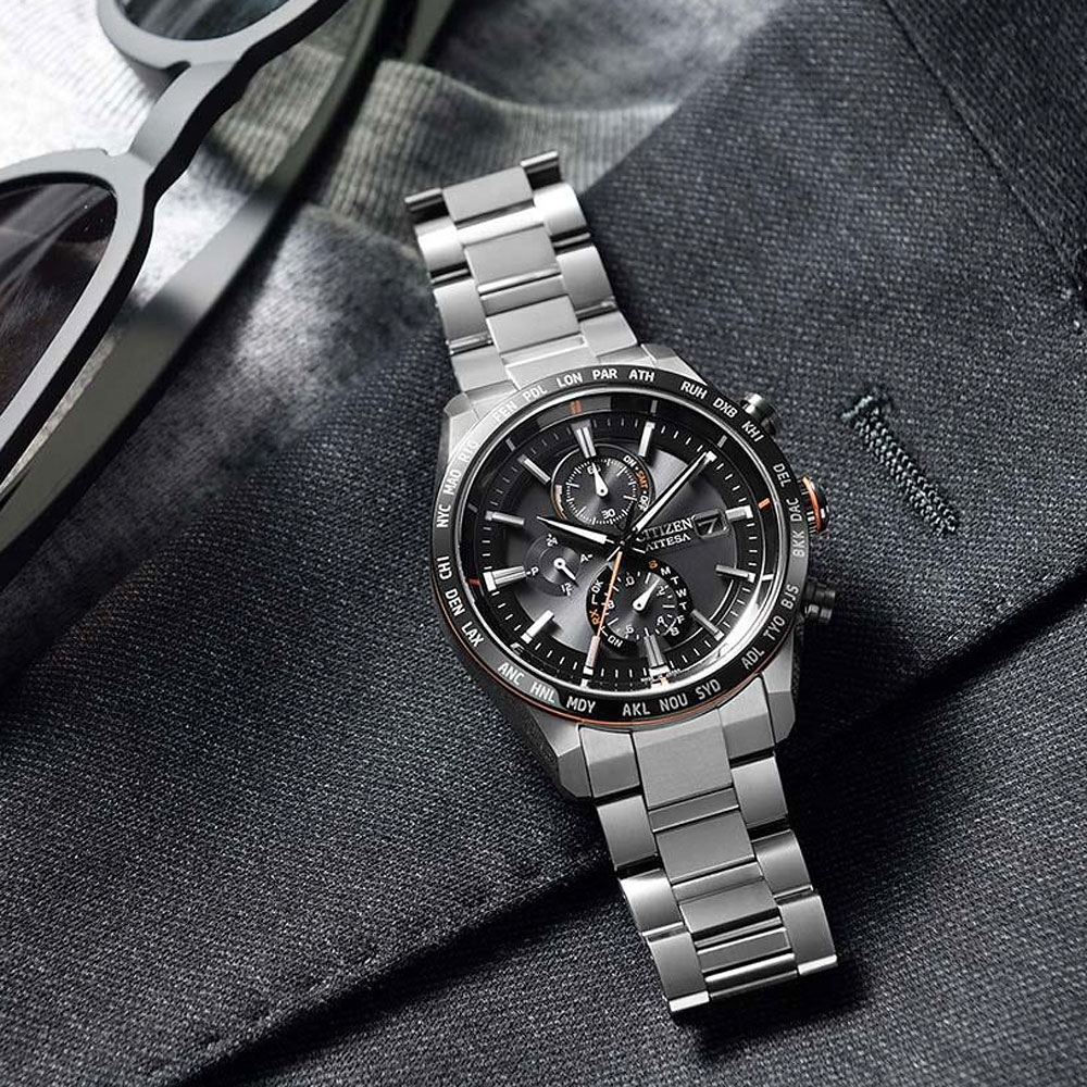 CITIZEN 星辰 鈦金屬 光動能電波萬年曆計時手錶 AT8189-61E, , large