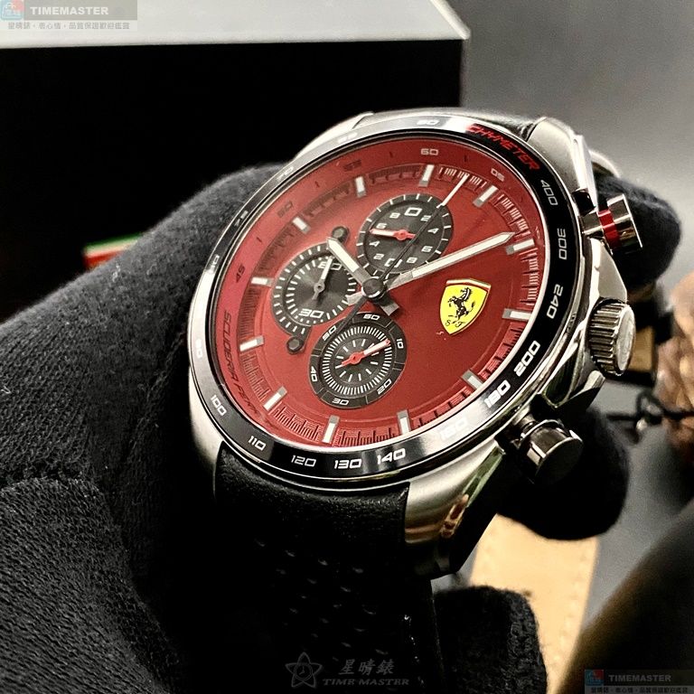 [星晴錶業]FERRARI手錶,46mm,FE00060紅色錶面槍灰色錶殼深黑色真皮皮革錶帶款, , large