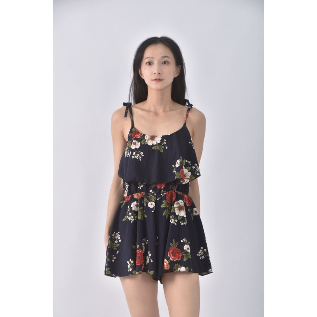 (L) girl s monday高腰質感吊帶印花藍色連身裝二手衣, , large