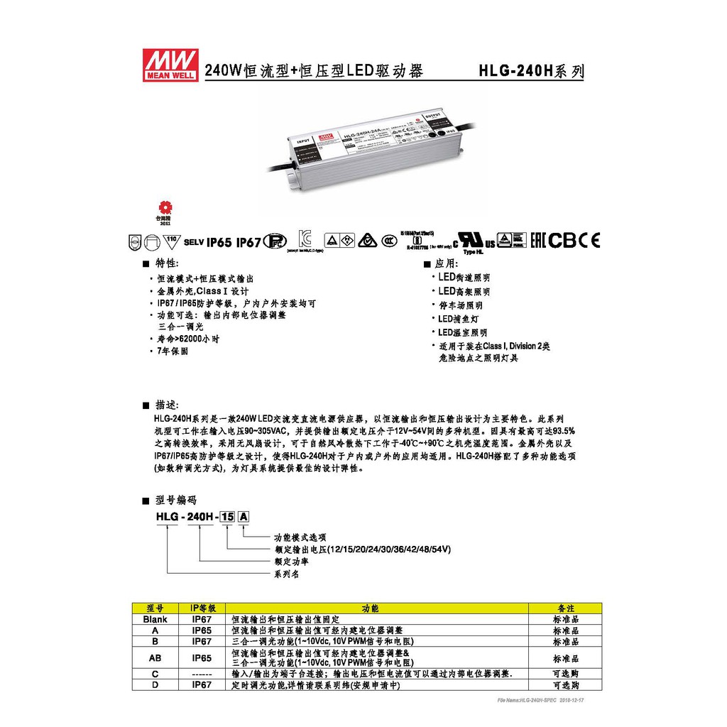 明緯 240W LED電源供應器(HLG-240H-48), , large