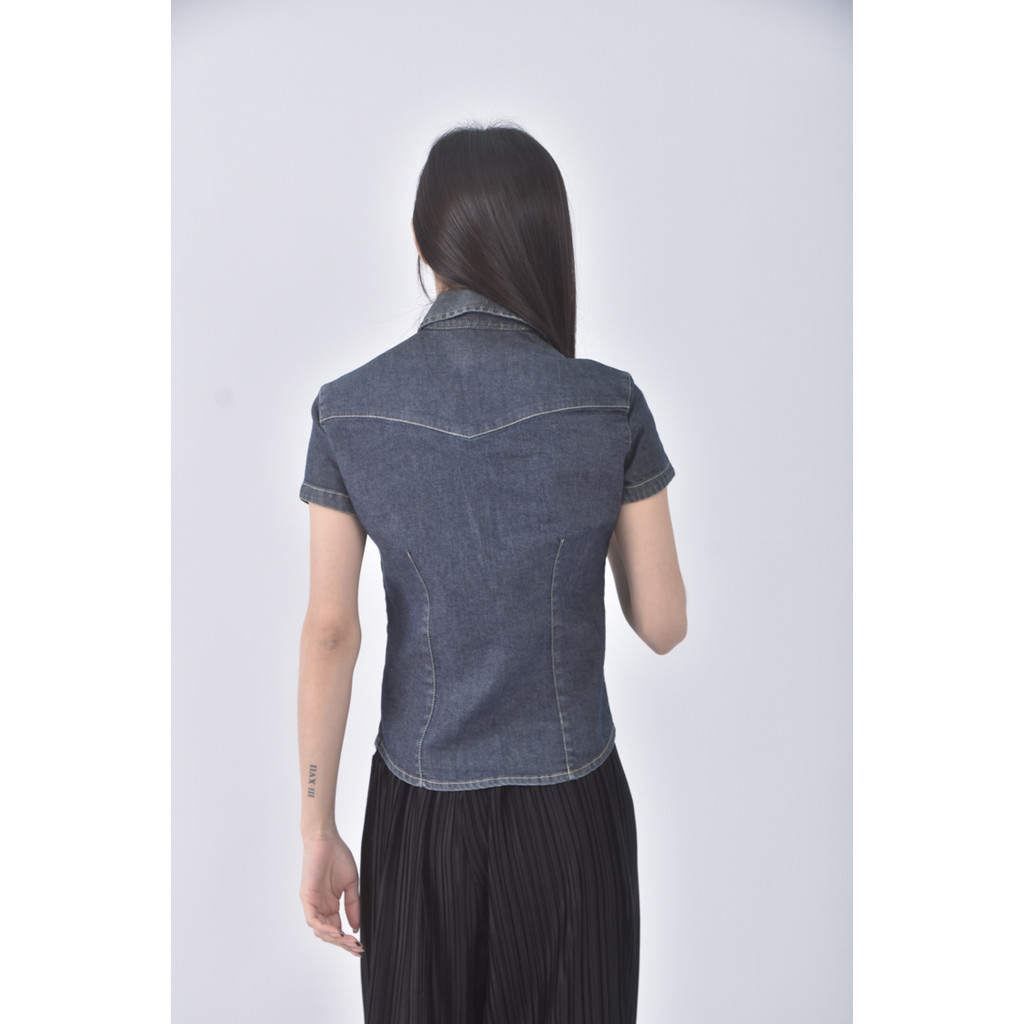 (S) calvin klein丹寧牛仔質感棉質藍色短袖上衣二手衣, , large