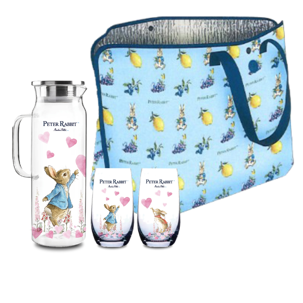 【世豐】比得兔 耐熱玻璃冷水壺及水杯3件組＿心心相印+春遊多功能野餐墊(袋), , large