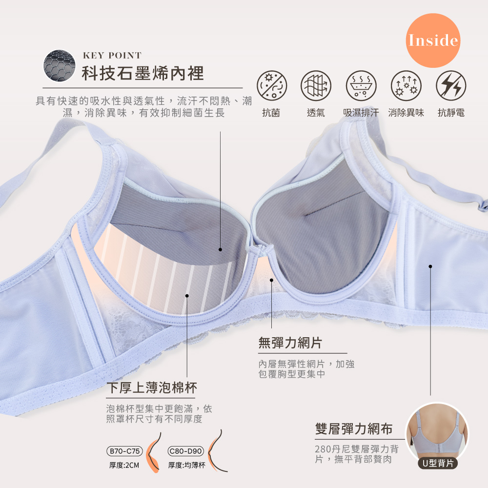 【Clany可蘭霓】夢幻花語 抗菌石墨烯集中包覆軟鋼圈 BCD 內衣 珍珠灰 8059-61, , large