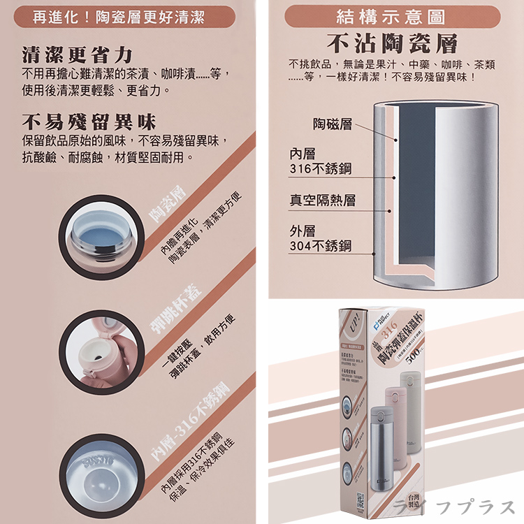 PLUS PERFECT晶鑽316不鏽鋼陶瓷彈蓋保溫杯-500ml-2入, , large