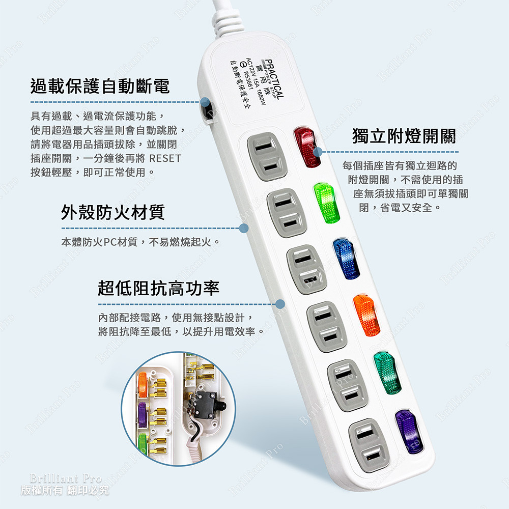 實用牌6開6插9尺2P延長線 2.7公尺 PX-111-9 防火材質安全耐用 自動斷電過載保護 獨立開關省電設計, , large