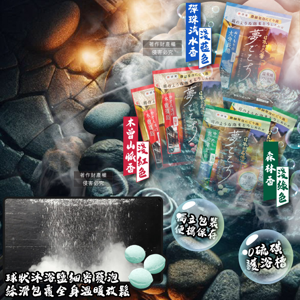[日日好物]日本BATHCLIN巴斯克林-夢幻名湯微細發泡碳酸溫泉錠入浴劑40gx5包/盒(含3種療癒香氣湯色,放鬆身心球型泡澡粉,透明湯色沐浴鹽,便攜獨立包裝), , large