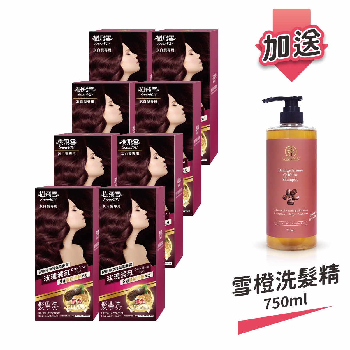 【樹飛雪】8入組 髮學院染髮劑 環保簡易包(灰白髮專用 玫瑰酒紅) 加送 雪橙蓬鬆咖啡因洗髮精750ml (家庭號), , large