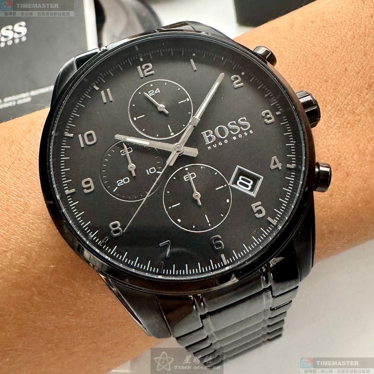 [星晴錶業]BOSS手錶,44mm,HB1513785黑色錶面黑錶殼深黑色精鋼錶帶款, , large