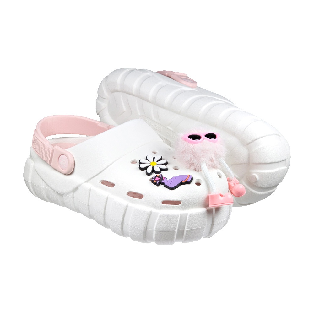 ROAD EASY 輕量透氣洞洞鞋 女鞋 拖鞋 涼鞋 時尚 可愛造型鞋扣 自由擺搭 回彈 穩定 厚底 增高 止滑 白 米, , large