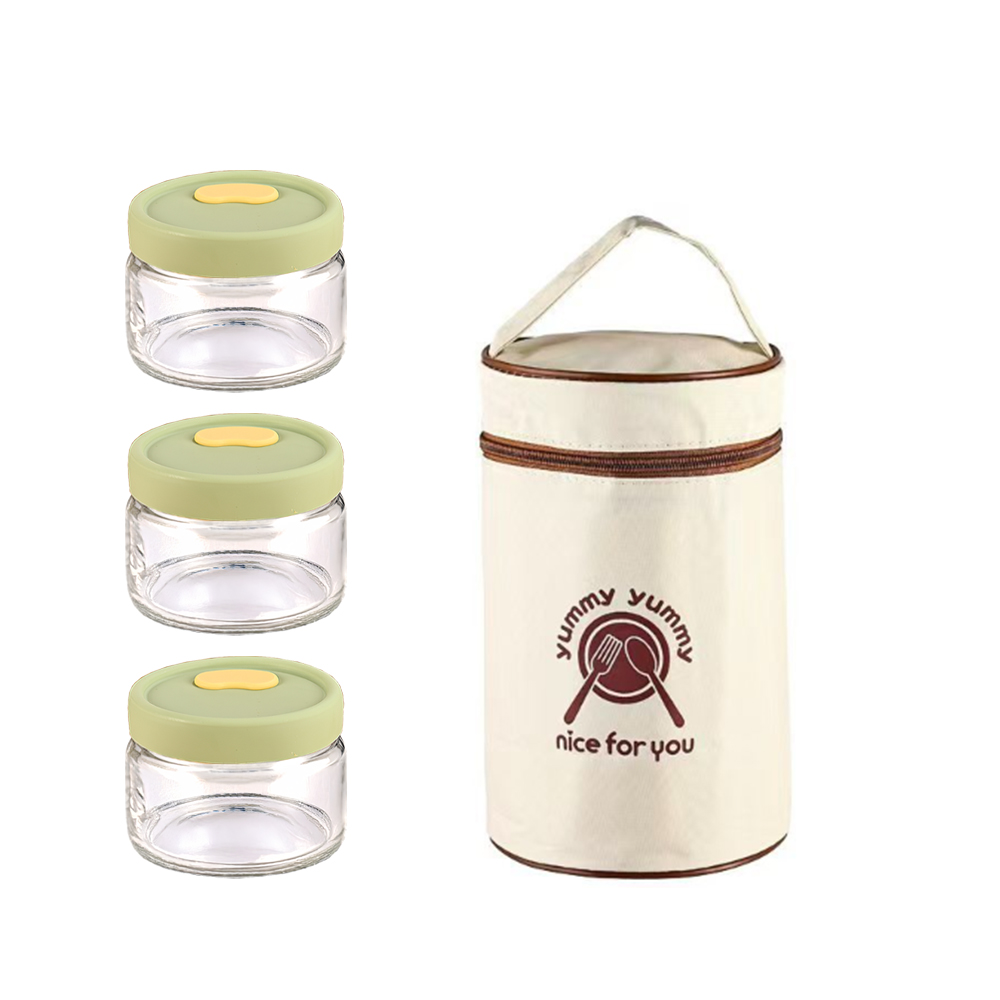 【上手家居】玻璃保鮮便當盒-3入組-綠色附保溫袋(玻璃保鮮盒/微波便當盒/玻璃便當盒/密封盒/微波保鮮盒), , large