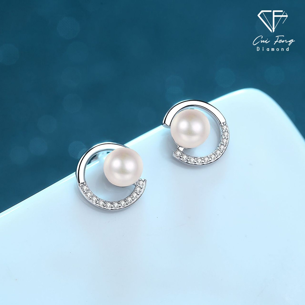 【CF鑽飾】耳環 天然淡水珍珠X莫桑鑽《文茵》6.5mmx13.2分, , large