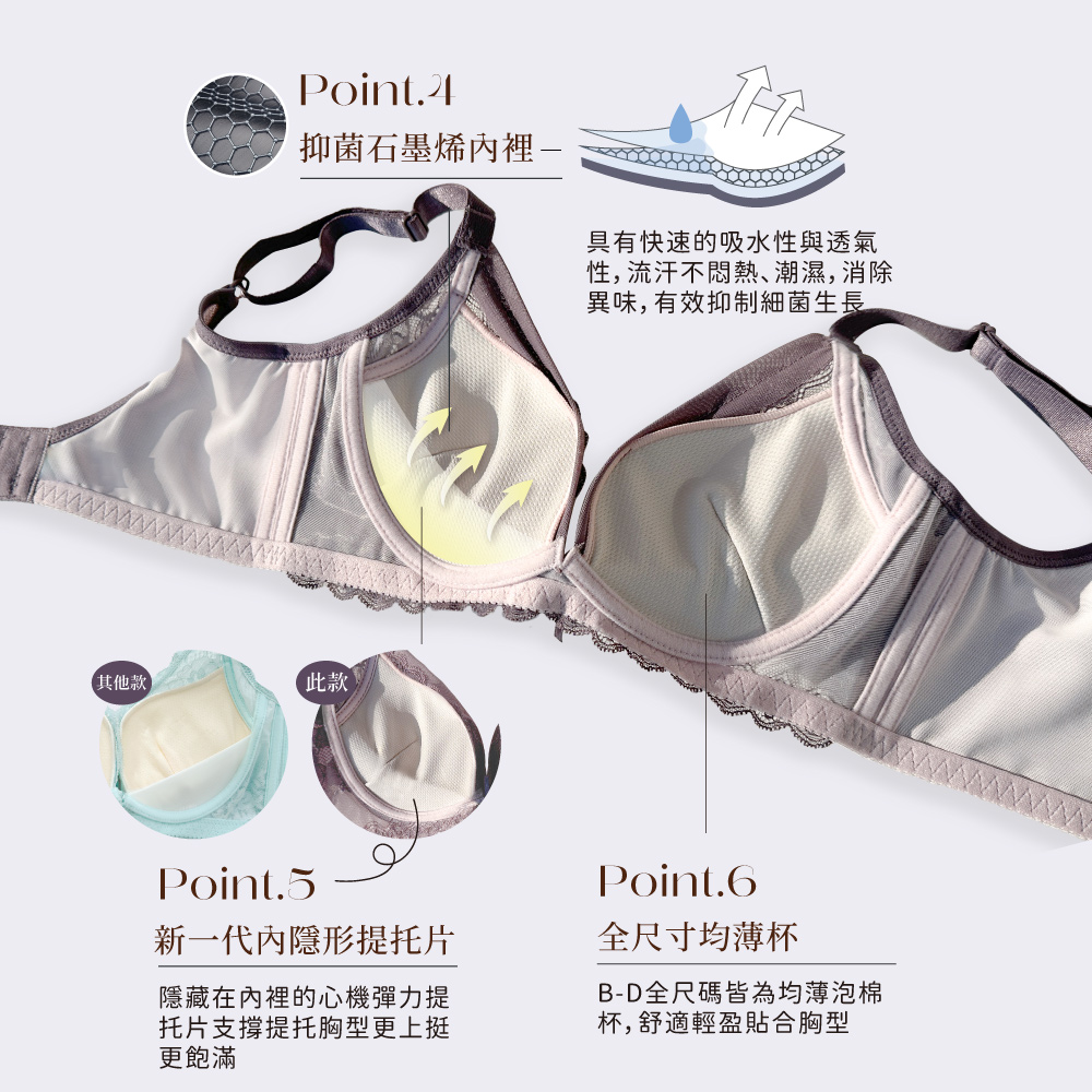 【Clany 可蘭霓】戀慕時光 抑菌石墨烯軟鋼圈集中包覆蕾絲BCD罩杯內衣 可可紫 8035-15, , large