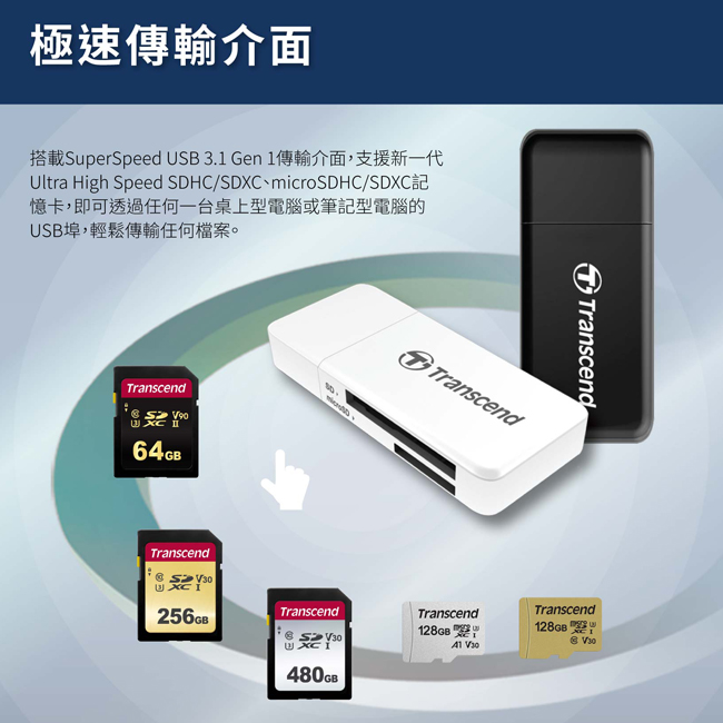 【Transcend】RDF5 白色 USB 3.1 micro SD SDXC SDHC 記憶卡 讀卡機, , large