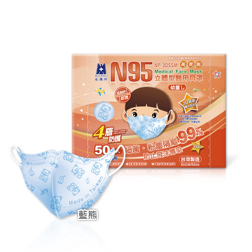 【醫碩科技】藍鷹牌 N95立體型2-6歲幼童醫用口罩-藍熊, , large