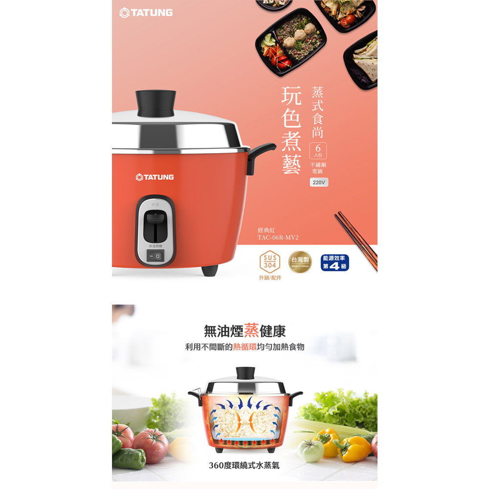 TATUNG大同 220V異電壓6人份全不鏽鋼配件電鍋 TAC-06R-MV2LR, , large