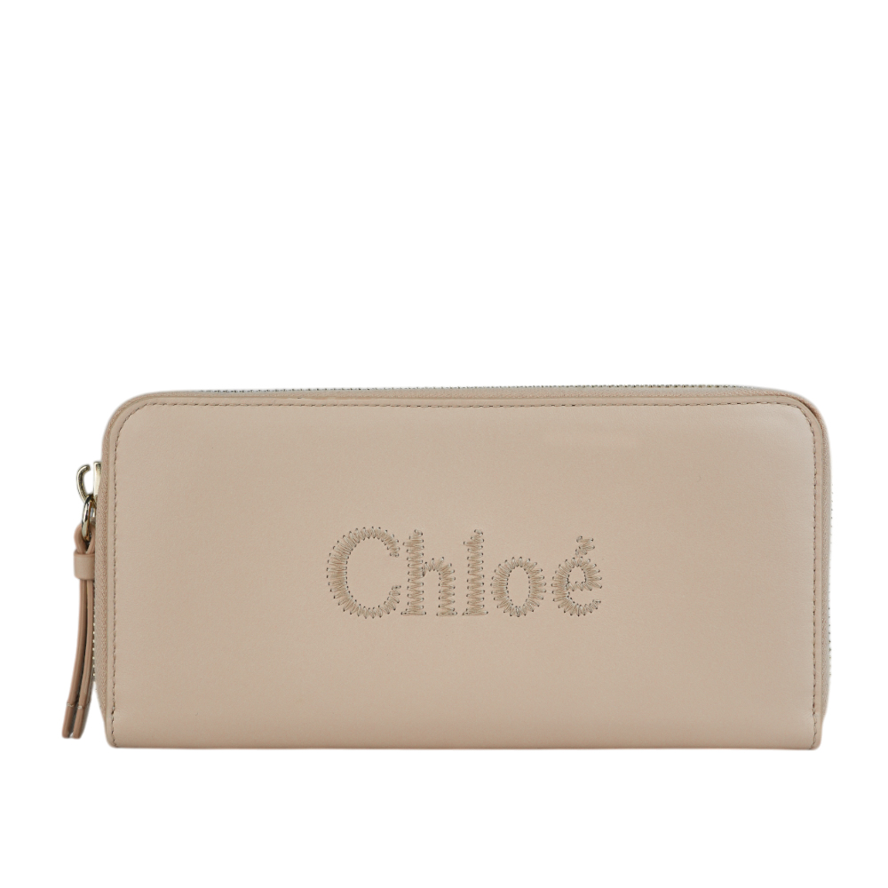 CHLOE' Sense 刺繡標誌小牛皮ㄇ形拉鍊長夾/灰粉色