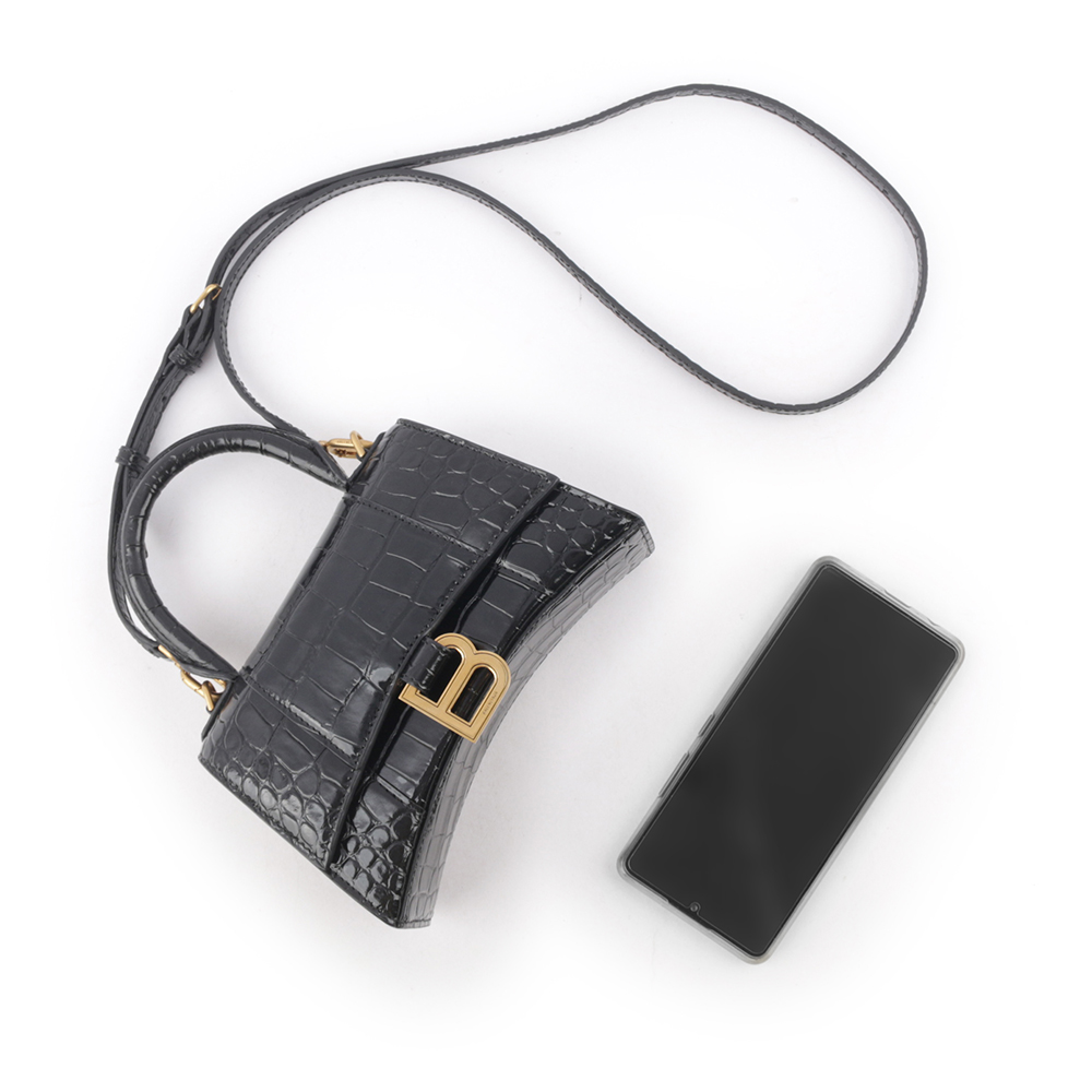 BALENCIAGA Hourglass 金釦壓鱷魚紋牛皮二用沙漏包/XS/黑色, , large