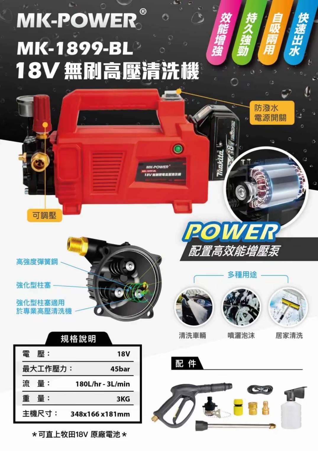 WIN五金 18V無刷高壓清洗機  <MK-1899-BL+4.0電池組> 通用牧田電池 高壓清洗機 洗車機 充電式清洗機 充電洗車機 調壓, , large