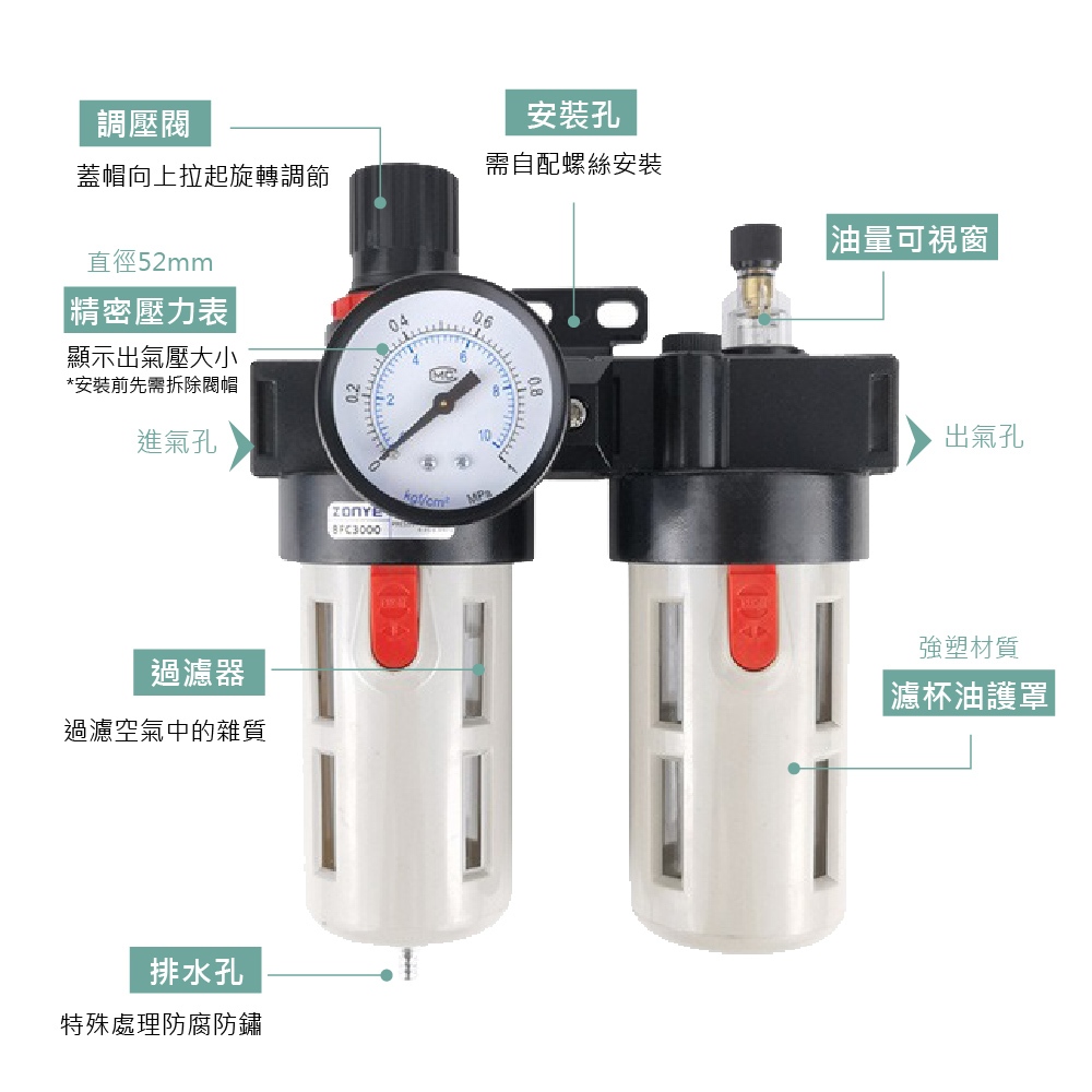 兩點式三點組合 油水過濾分離器 空壓機用 濾水器 調壓閥 給油器 THB 亞德客 Airtac, , large