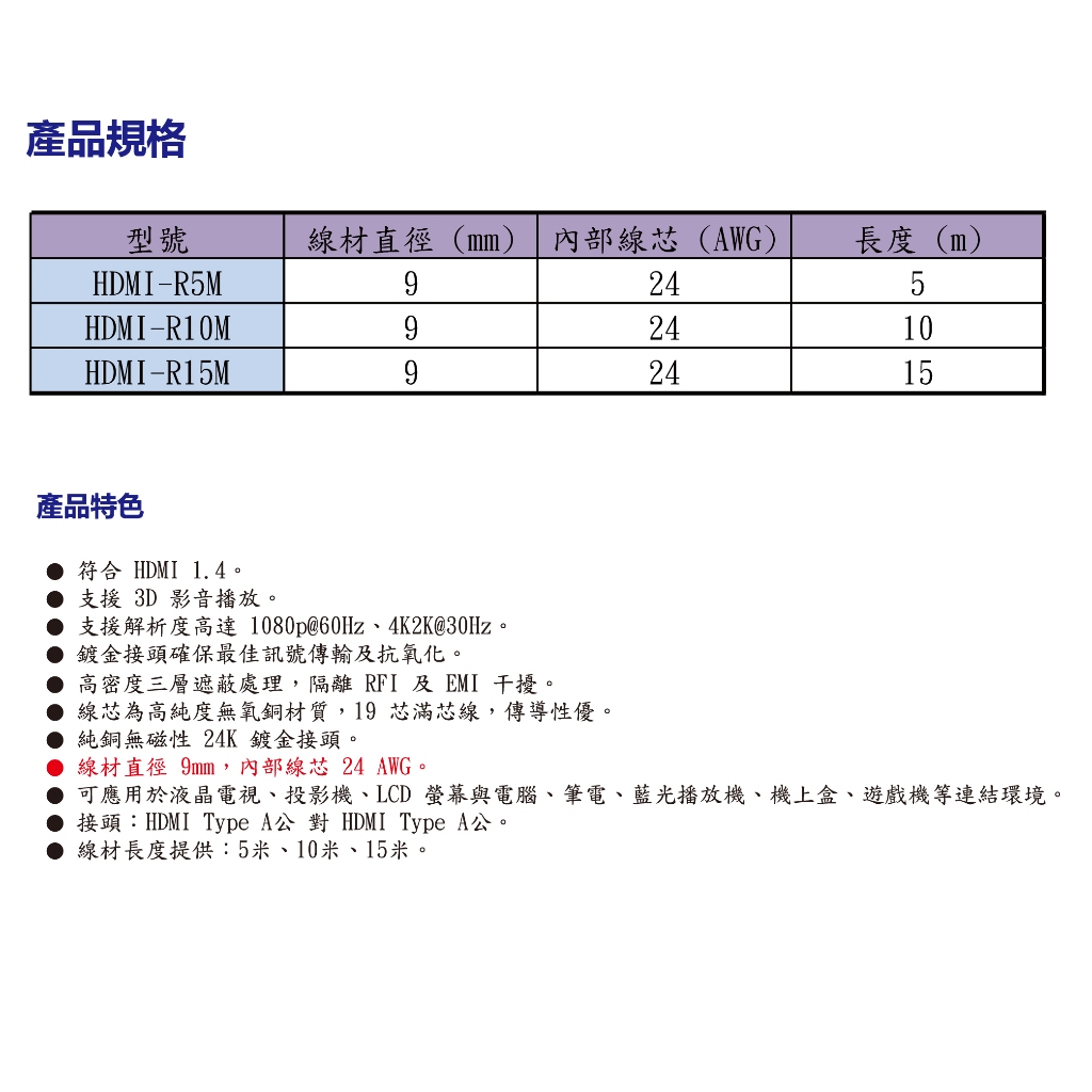 昌運監視器 HANWELL HDMI-R5M 5米 高品質 HDMI 標準纜線 抗氧化 解析度4K2K@30Hz, , large