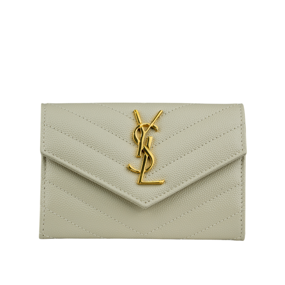 YSL 山形紋荔枝皮金字logo小卡/短夾/復古白, , large