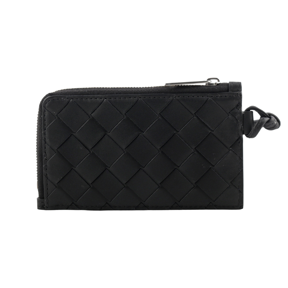BOTTEGA VENETA L 型銀色拉鍊小牛皮編織附鑰匙釦卡包/零錢包/黑色, , large
