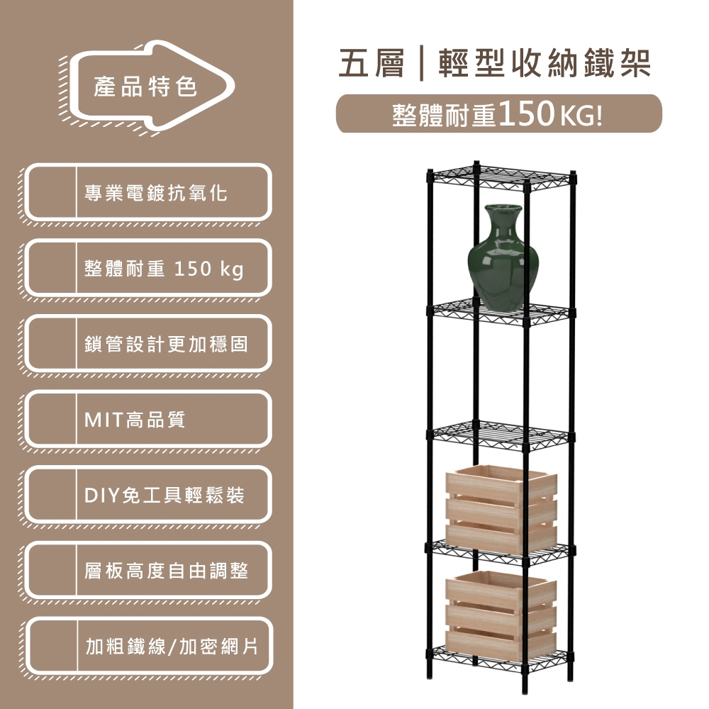【KIWISH】43X28X180H 黑色五層架 鐵架 層架 收納架 倉儲架 鐵力士架 波浪架 免工具 架子 置物架, , large