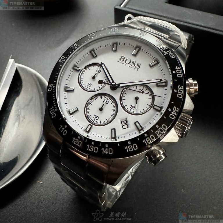 [星晴錶業]BOSS手錶,44mm,HB1513875白色錶面銀錶殼銀色精鋼錶帶款