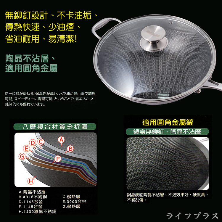 CLARE典鑽316不鏽鋼陶晶不沾炒鍋-30cm-單柄-附蓋-1支, , large