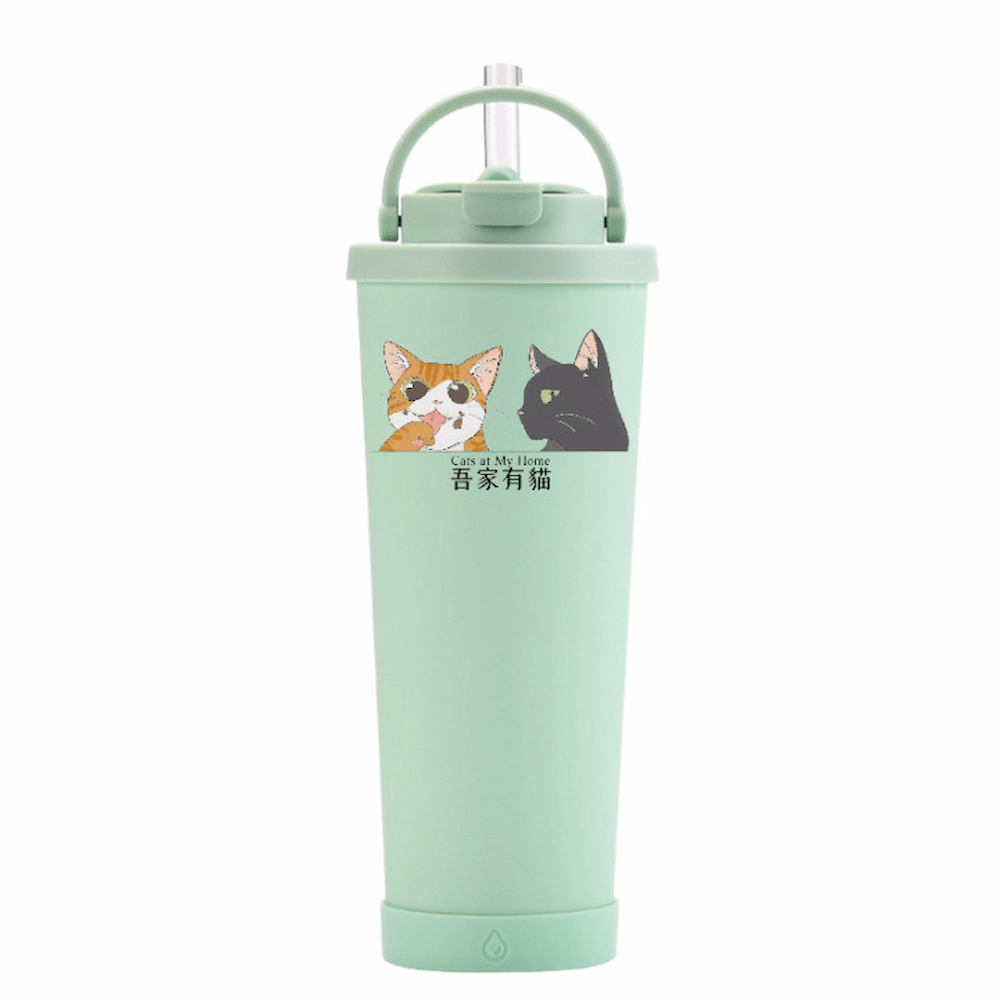 【吾家有貓】吾家有貓雙飲款陶瓷塗層珍珠奶茶吸管杯贈Tritan珍珠吸管 830ML-淡綠, , large
