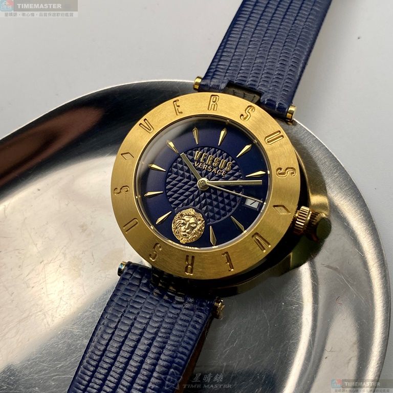 [星晴錶業]VERSUS VERSACE手錶,34mm,VV00335寶藍色錶面金色錶殼寶藍真皮皮革錶帶款, , large
