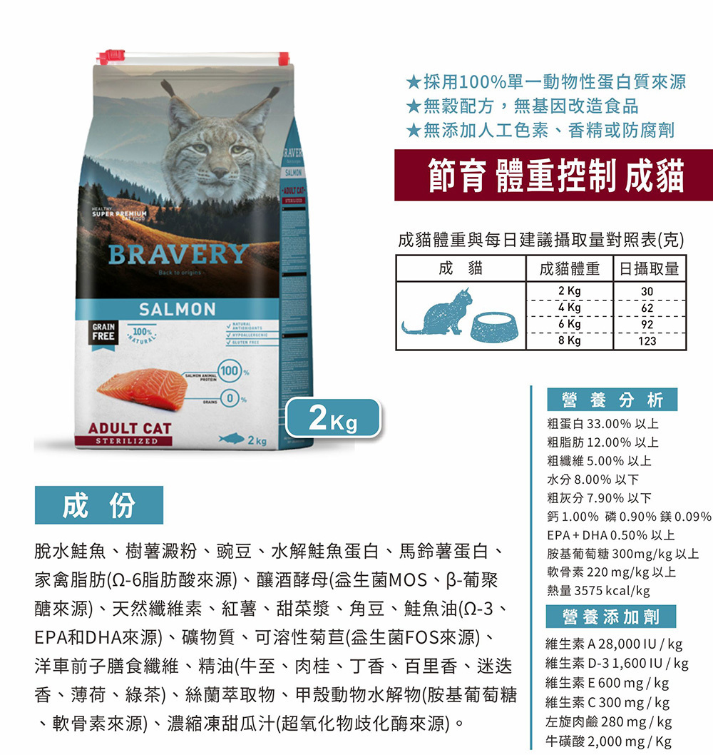 【拉拉寵物小舖】西班牙 Bravery 焙菲力 節育成貓鮭魚 7公斤 低敏 無穀 單一肉源, , large