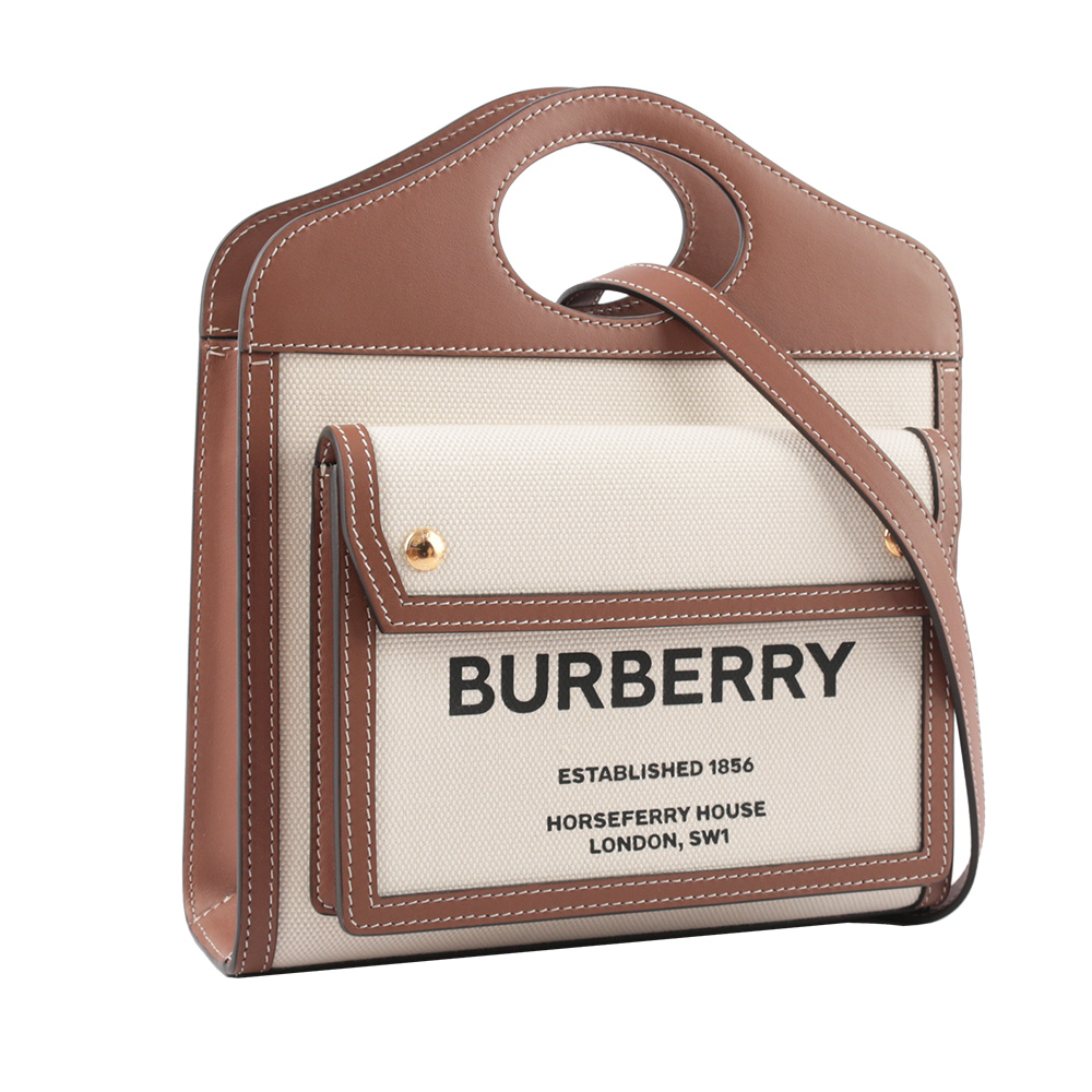 BURBERRY 帆布拼皮革手提/斜背口袋包(Mini)/自然色/麥芽棕, , large