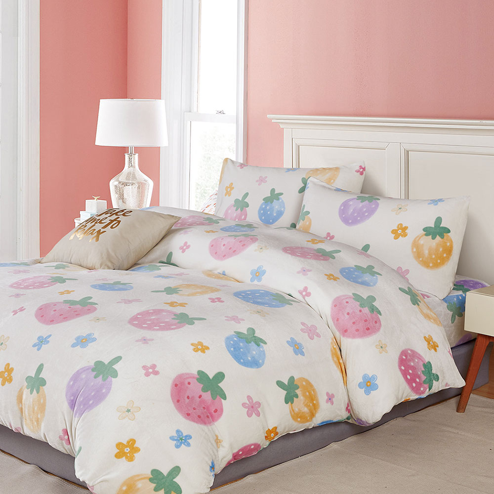 【Galatea葛拉蒂】法蘭絨冬季雙人特大床包四件組 草莓花卉, , large