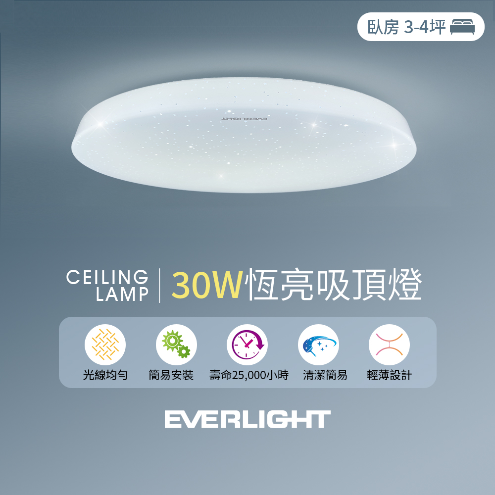 Everlight 30W constant brightness LED wall-cut ceiling light, suitable for 3-4 square meters, 2-year warranty, white light, , large