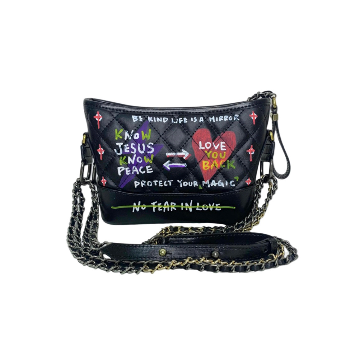 Purple Love Painted Hobo Bag Black (M), , large