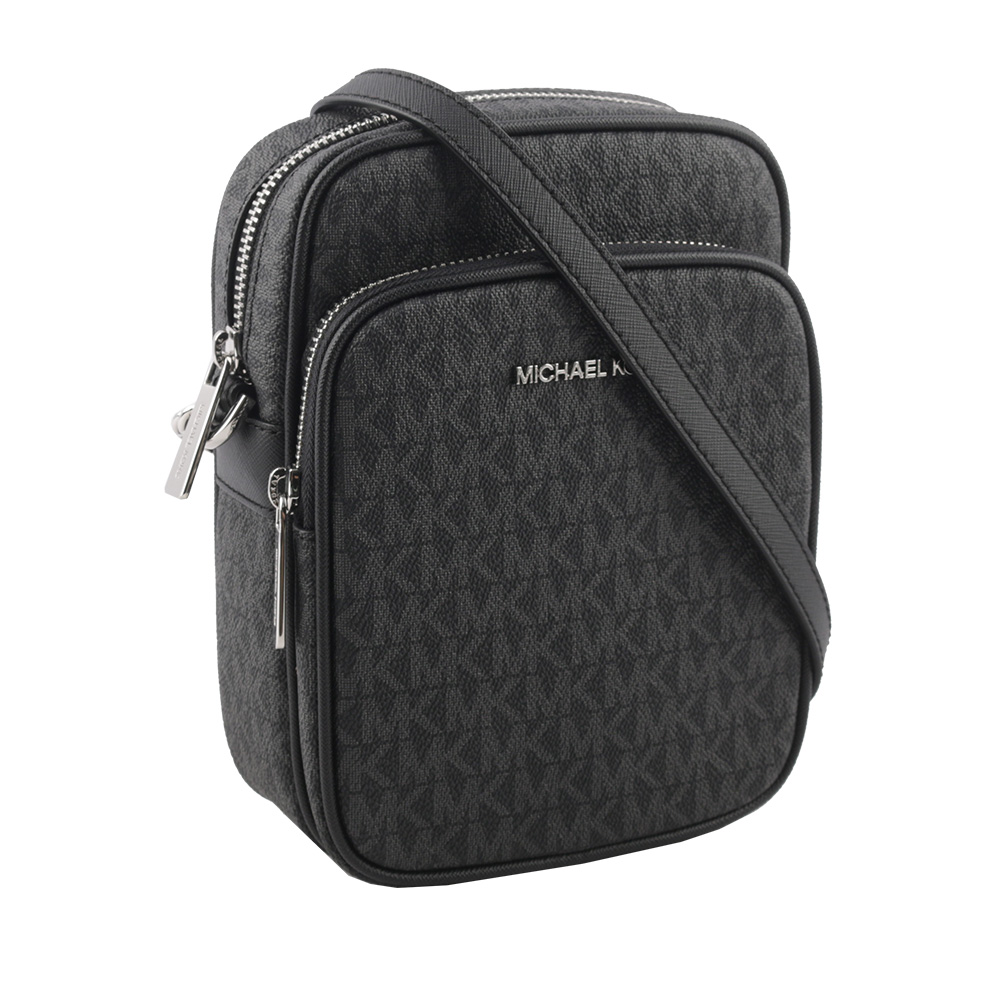 Michael Kors 銀字滿版塗層帆布拉鍊中款直式斜背包/黑色, , large