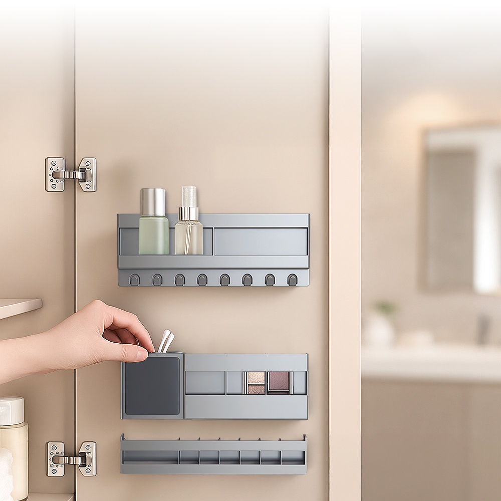 【上手家居】分體式鏡櫃浴室收納架-3件組 灰色(鏡櫃收納架/浴室架/鏡櫃置物架/浴室置物/廁所收納架), , large