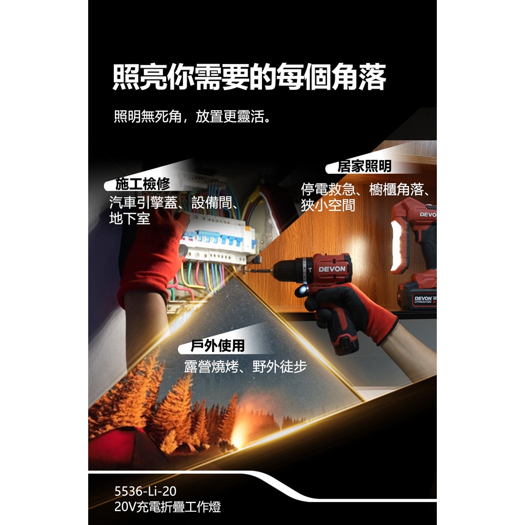 WIN五金 DEVON 大有 5536-Li-20 鋰電折疊檢修燈 270°旋轉 180°折疊 超強磁力 1000流明, , large