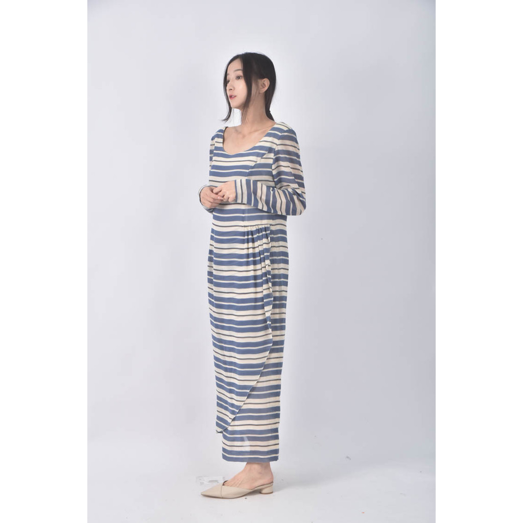 (S) 白線條藍色洋裝二手衣, , large