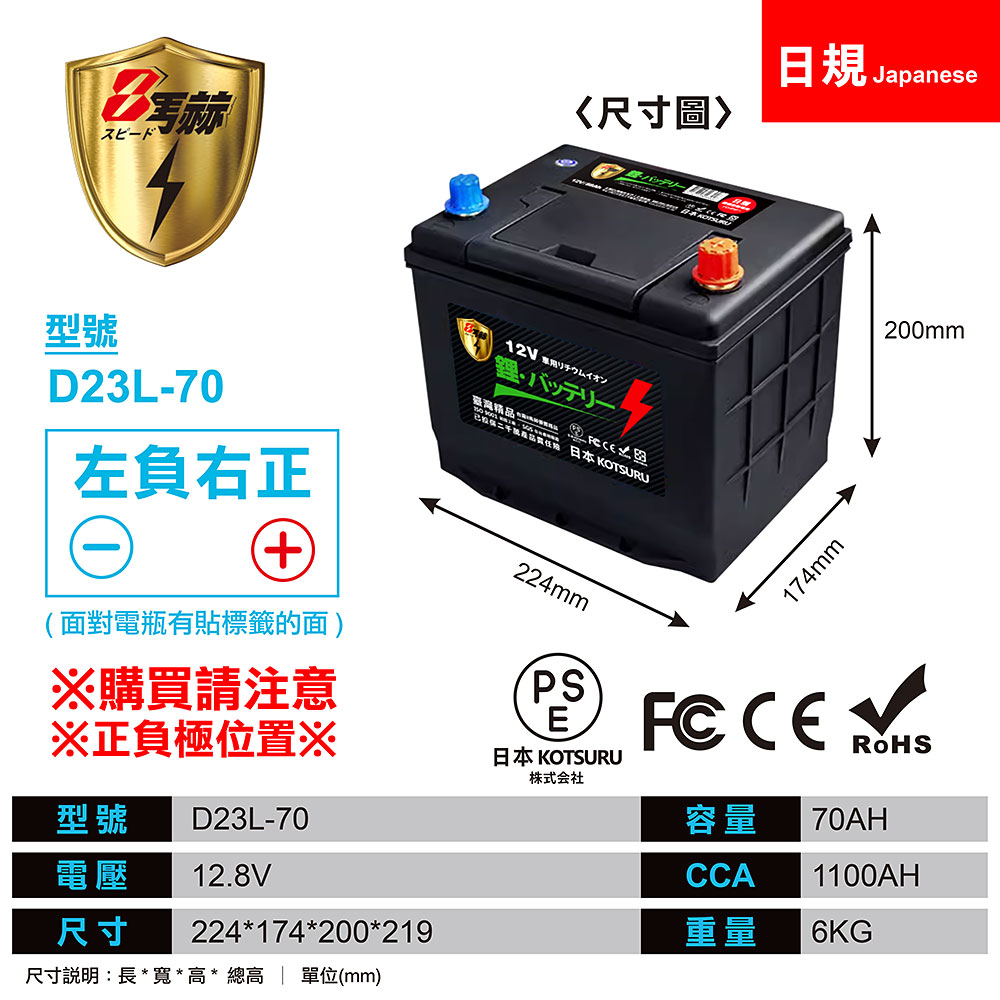 【KOTSURU】D23L-70、D23R-70 8馬赫 【日規】汽車電瓶 鋰鐵啟動電池 12V 70AH 1100CCA, , large