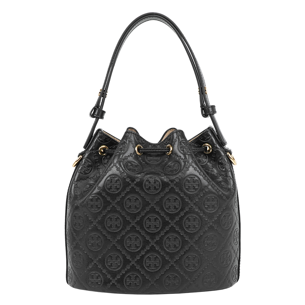 TORY BURCH T Monogram 皮革壓紋水桶包(黑色), , large