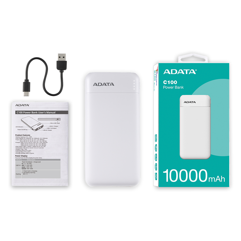 【ADATA 威剛】C100 白色 行動電源 10000mAh QC/PD 快充 薄型行動電源, , large