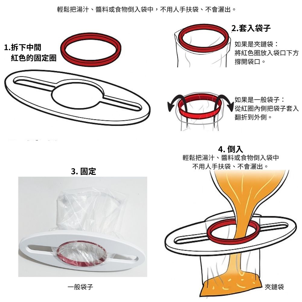 金德恩 GS MALL 台灣製造 食物袋固定架 塑膠袋支架 夾袋器 倒醬器 倒湯袋固定 打包食物器 塑膠袋固定 夾袋, , large