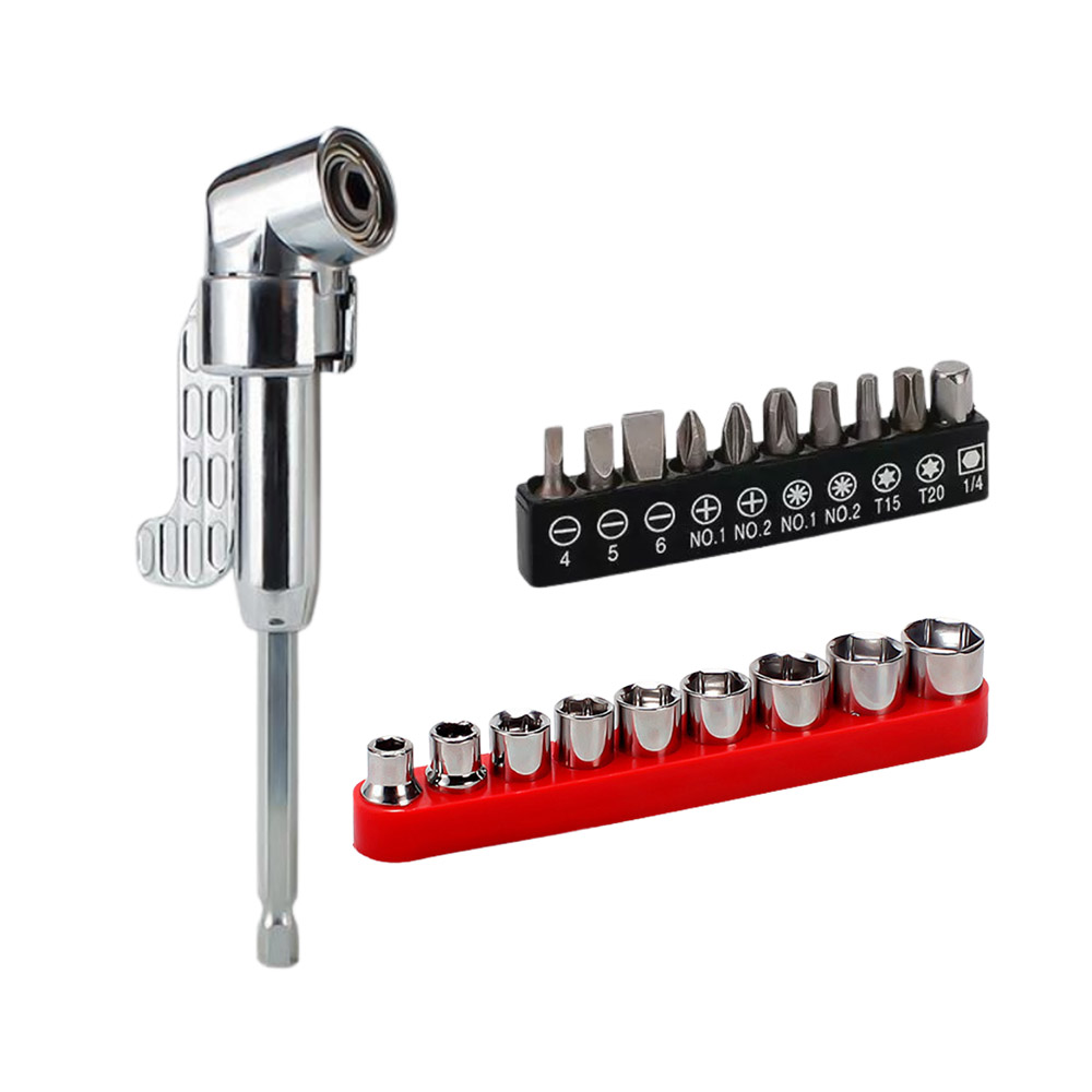 L-shaped drill corner arm - 105-degree long corner arm + 10-piece bit set + 9-piece socket set, , large