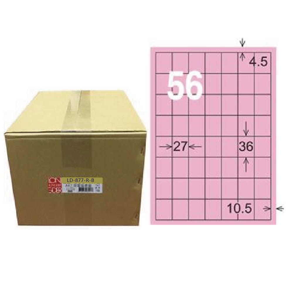 【龍德】LONGDER 三用電腦標籤 A4 56格 27*36mm粉紅1000張/箱 LD-877-R-B(適用雷射、噴墨、影印), , large