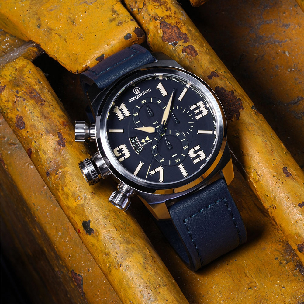 elegantsis 愛樂時 JF48QS-陸海空三軍大錶徑三眼計時手錶-海軍藍/48mm ELJF48QS-OU06L, , large