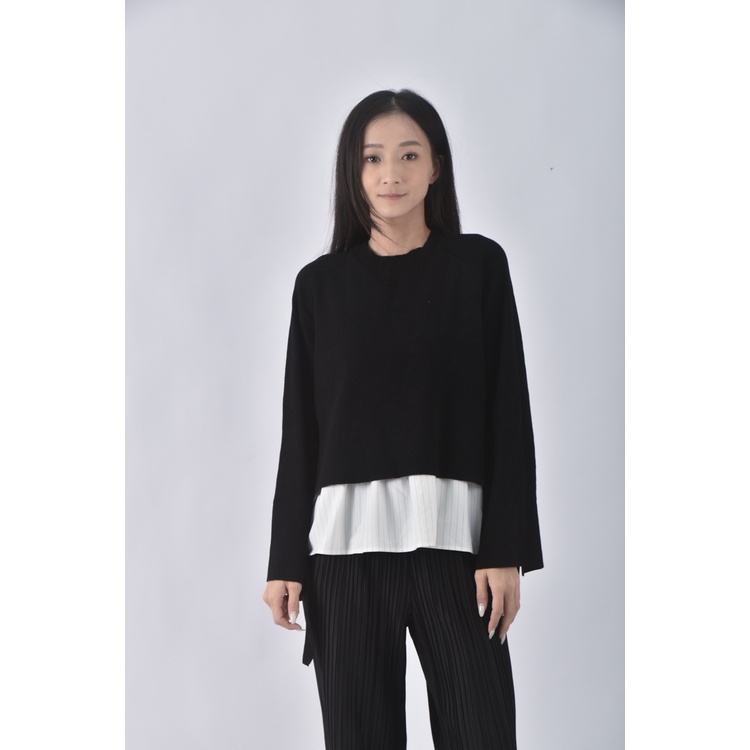 (L) mila owen圓領厚磅黑色長袖上衣二手衣, , large