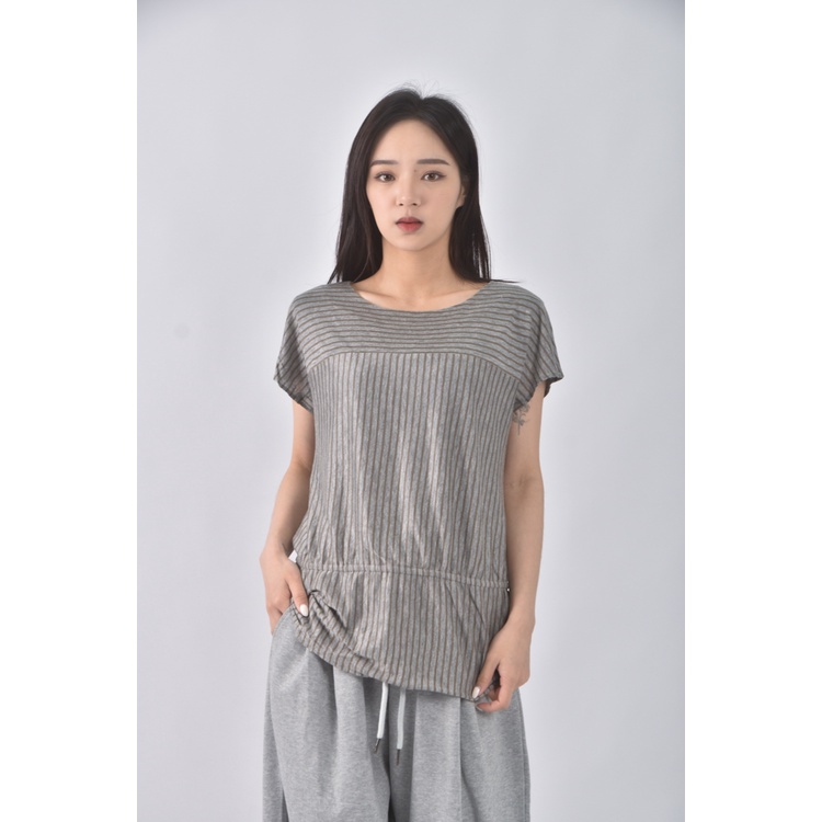 (S) michel klein質感亞麻條紋灰色短袖上衣二手衣, , large