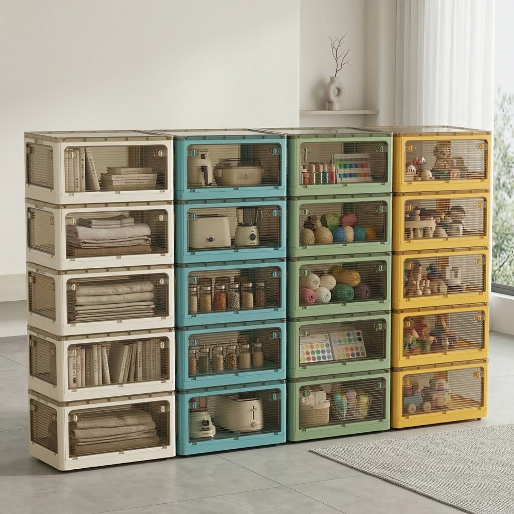 【AOTTO】35L升級加厚款五開門可疊加折疊收納箱-黃色5入(AL-245Y), , large